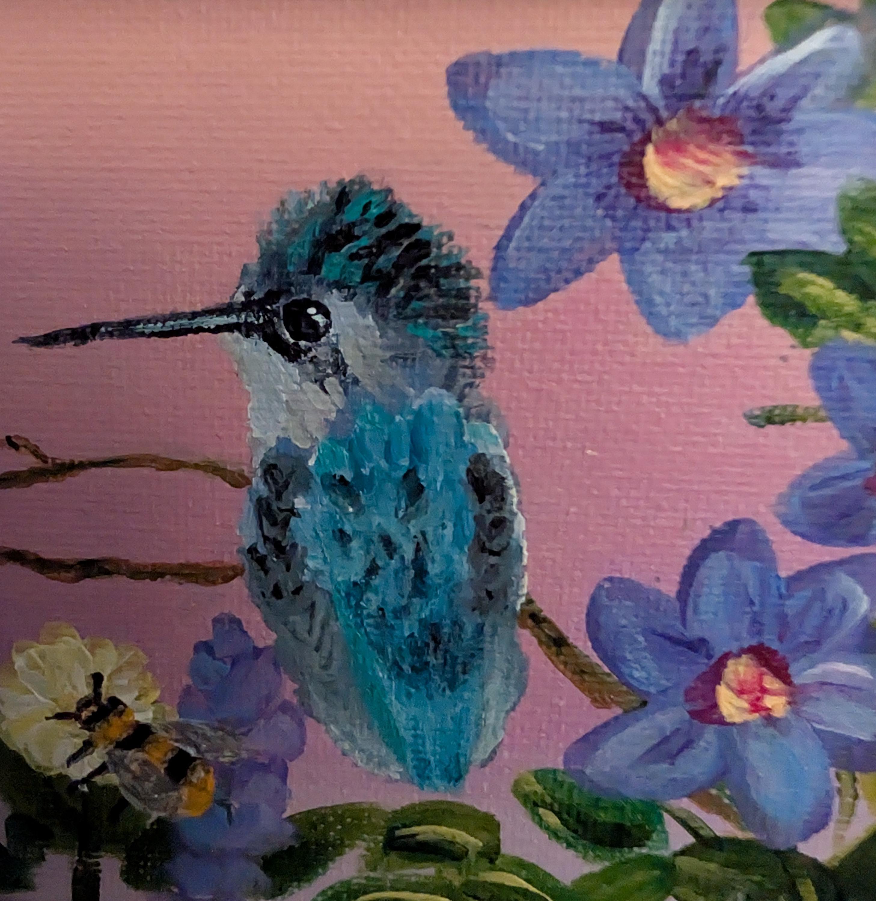Original Hummingbird & Bee Mini Painting – 4x4 Acrylic Floral Art, Tiny ...
