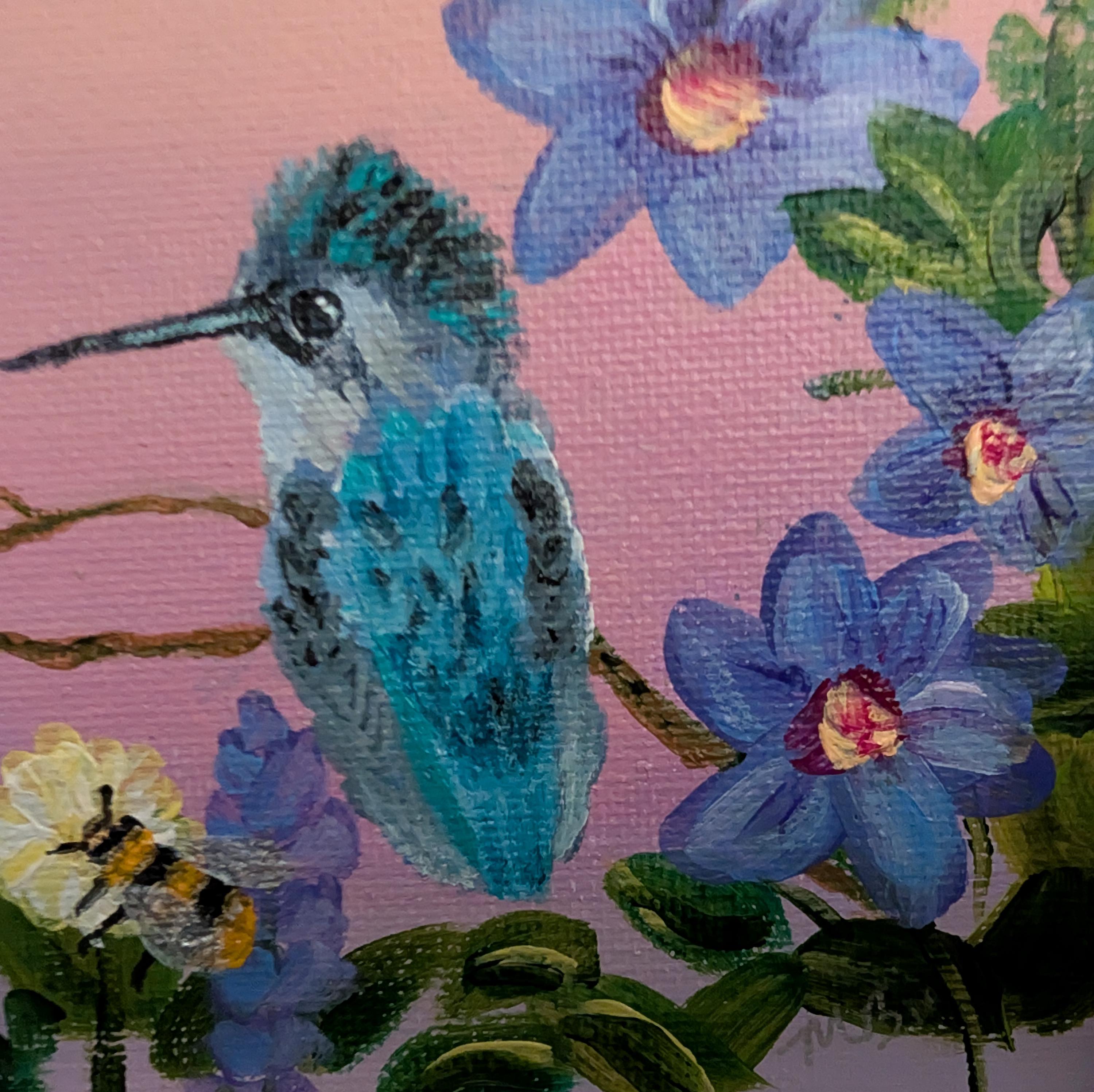 Original Hummingbird & Bee Mini Painting – 4x4 Acrylic Floral Art, Tiny ...