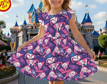 Spider Gwen Spidey Ruffle Dress, Gwen Stacy Spidey Flutter Sleeve Dress, Superhero Movie Kid Dress, Spider Fans Dress For Girls