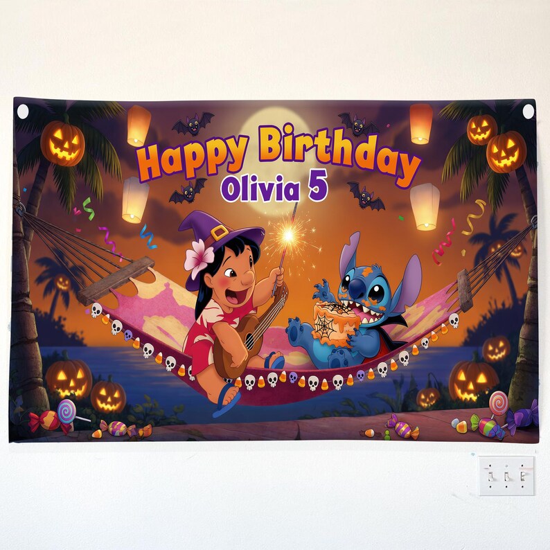 May include: A Halloween-themed birthday banner featuring Lilo and Stitch. The banner reads "Happy Birthday Olivia 5" with pumpkins, bats, and floating lanterns. Lilo plays a guitar, and Stitch holds a cake in a hammock.