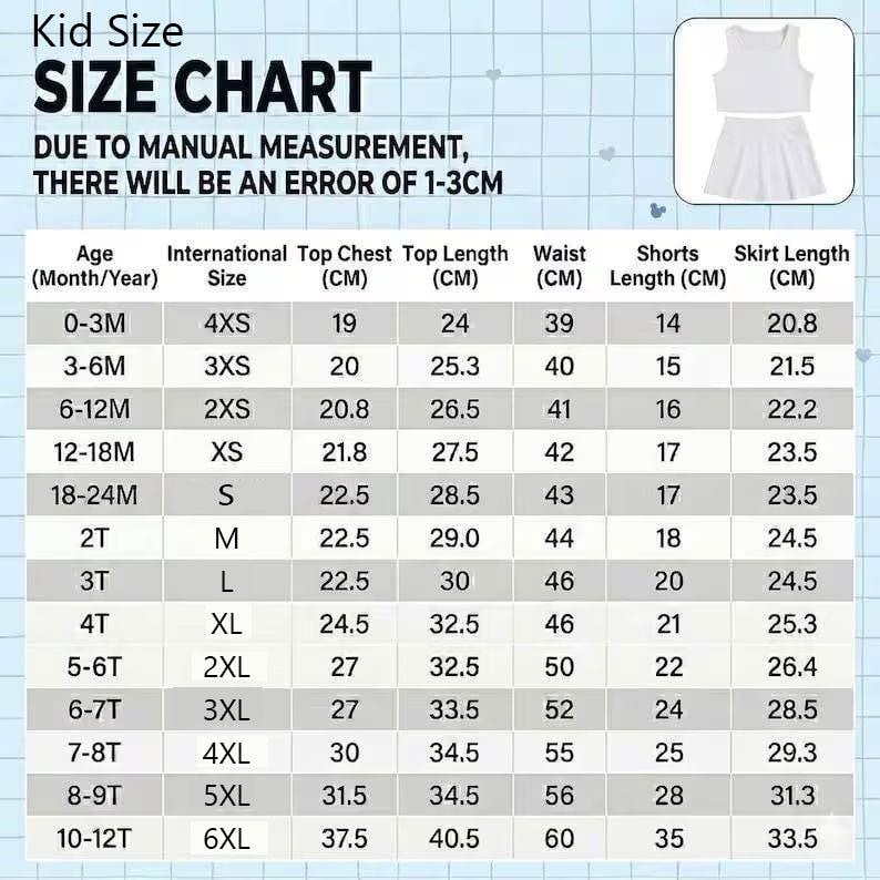 May include: A size chart for children's clothing, featuring measurements in centimeters. The chart includes age ranges, international sizes, and corresponding measurements for top chest, top length, waist, shorts length, and skirt length. A small image of a two-piece outfit is in the upper right corner.