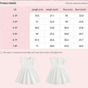 Puede incluir: Dos vestidos blancos para ni&ntilde;os peque&ntilde;os con mangas con volantes. La imagen incluye una tabla de tallas con medidas en cent&iacute;metros y pulgadas para la longitud y el busto, que van de 2-3 a&ntilde;os a 7-8 a&ntilde;os. La tabla tambi&eacute;n incluye tallas estadounidenses.