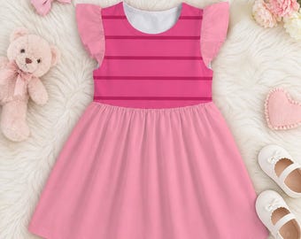 Little Pink Forest Piglet Costume Dress, Cute Striped Ruffle Skater Outfit, Hundred Acre Woods Fan Dress, Summer Trip Theme Park Apparel
