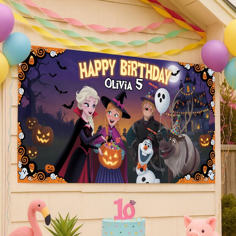 May include: A large banner with the words "HAPPY BIRTHDAY OLIVIA 5" in yellow and white, featuring characters from the movie Frozen in a Halloween-themed setting. The banner has an orange border with pumpkins, ghosts, and bats.