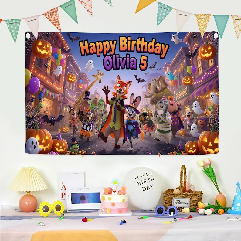 May include: A rectangular Zootopia-themed birthday backdrop banner featuring characters in Halloween costumes, pumpkins, ghosts, and bats. The text reads Happy Birthday Olivia 5. The banner is decorated with colorful bunting flags along the top edge.