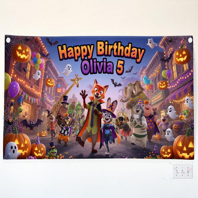 May include: A rectangular birthday banner featuring Zootopia characters in Halloween costumes on a city street. The text reads Happy Birthday Olivia 5. The scene includes jack-o'-lanterns, ghosts, bats, and colorful balloons against a dark night sky.