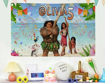 Personalized Moana Birthday Backdrop, Moana Birthday Banner, Custom Name Age Moana Maui Backdrop, Birthday Backdrop Gift For Boy Girl