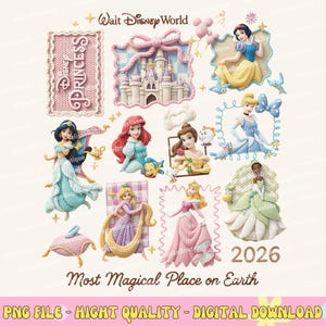 May include: A collection of Disney Princess-themed digital art. The image features illustrations of various princesses, a castle, and the text "Walt Disney World," "Princess," and "Most Magical Place on Earth." The year "2026" is also displayed.