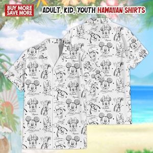 Op de afbeelding: Twee witte Hawaiiaanse shirts met een zwart-wit cartoonpatroon. De shirts hebben Mickey Mouse, Minnie Mouse, Pluto en Donald Duck. Tekst op de afbeelding luidt "ADULT, KID, YOUTH HAWAIIAN SHIRTS" en "BUY MORE SAVE MORE."