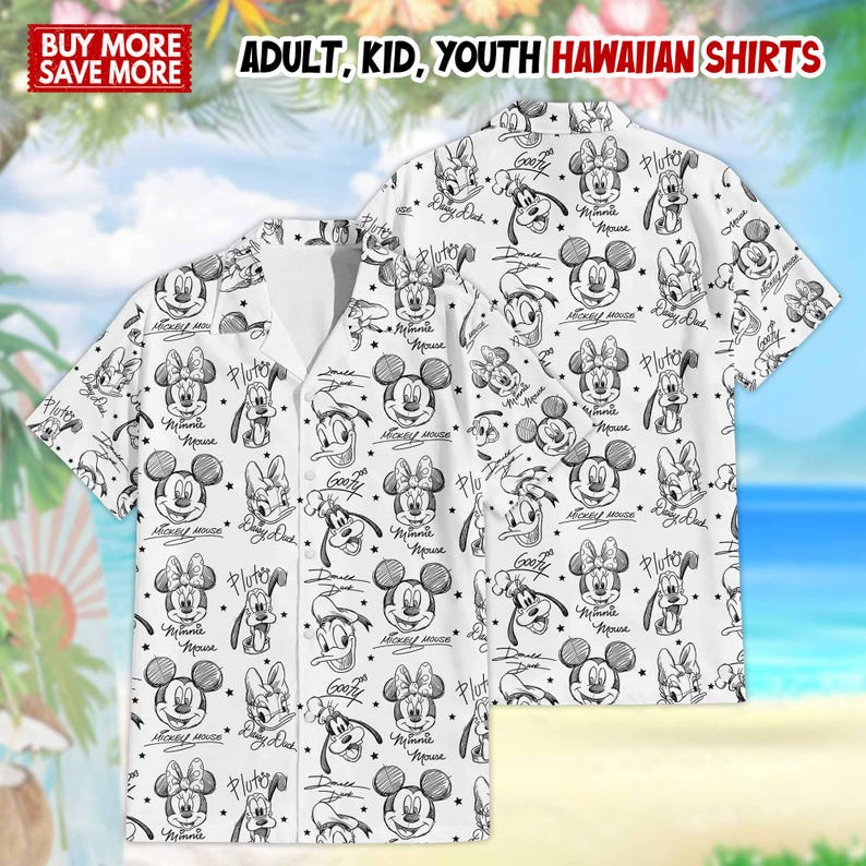 Op de afbeelding: Twee witte Hawaiiaanse shirts met een zwart-wit cartoonpatroon. De shirts hebben Mickey Mouse, Minnie Mouse, Pluto en Donald Duck. Tekst op de afbeelding luidt "ADULT, KID, YOUTH HAWAIIAN SHIRTS" en "BUY MORE SAVE MORE."
