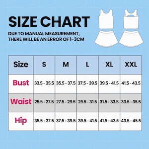 May include: A size chart for a two-piece outfit, with bust, waist, and hip measurements in inches. The chart includes sizes S, M, L, XL, and XXL. The text "SIZE CHART" is at the top, with a note about manual measurement error.