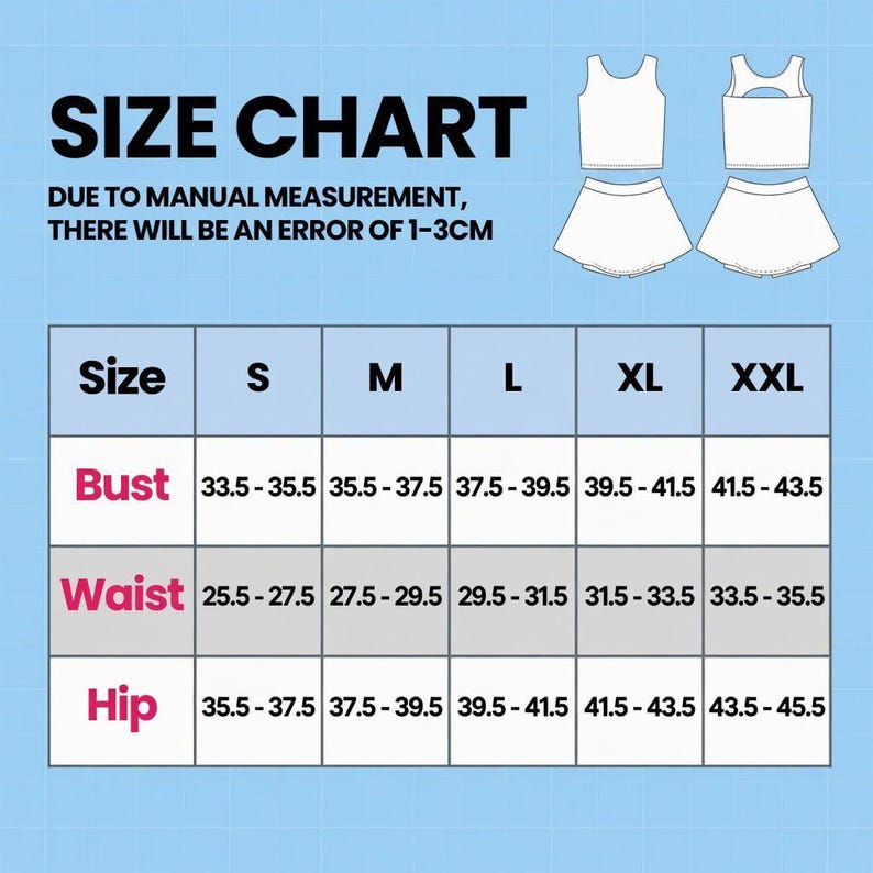 May include: A size chart for a two-piece outfit, with bust, waist, and hip measurements in inches. The chart includes sizes S, M, L, XL, and XXL. The text "SIZE CHART" is at the top, with a note about manual measurement error.