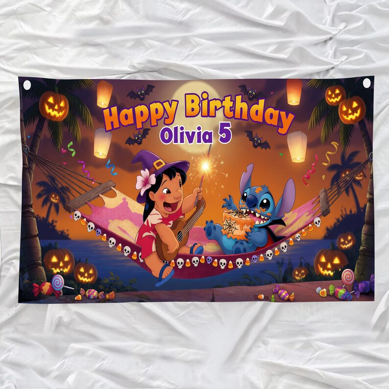 May include: A colorful birthday banner featuring the text "Happy Birthday Olivia 5." The banner depicts Lilo and Stitch in a hammock, surrounded by jack-o'-lanterns, bats, and floating lanterns, creating a festive scene.
