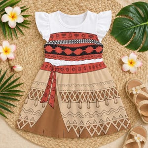 Peut inclure: Une robe blanche à manches volantées dotée d'un corsage imprimé de motifs géométriques rouges et noirs, ainsi qu'une jupe beige ornée de motifs tribaux marron, d'une ceinture nouée et d'une bordure triangulaire répétitive à l'ourlet.