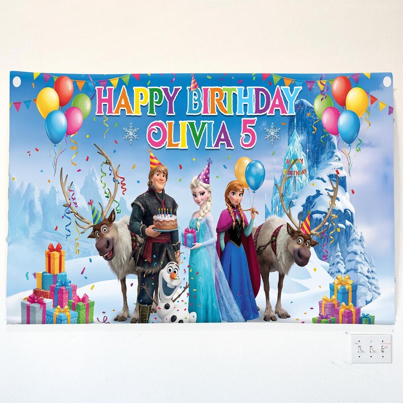 Elsa Anna Birthday Party Banner, Elsa Birthday Backdrop, Frozen Party Decoration, Frozen Birthday Banner, Kids Birthday Decor afbeelding 4