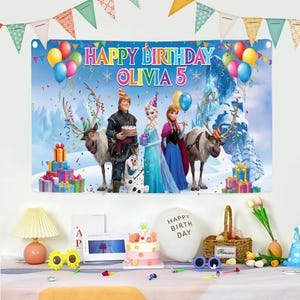Elsa Anna Birthday Party Banner, Elsa Birthday Backdrop, Frozen Party Decoration, Frozen Birthday Banner, Kids Birthday Decor afbeelding 1