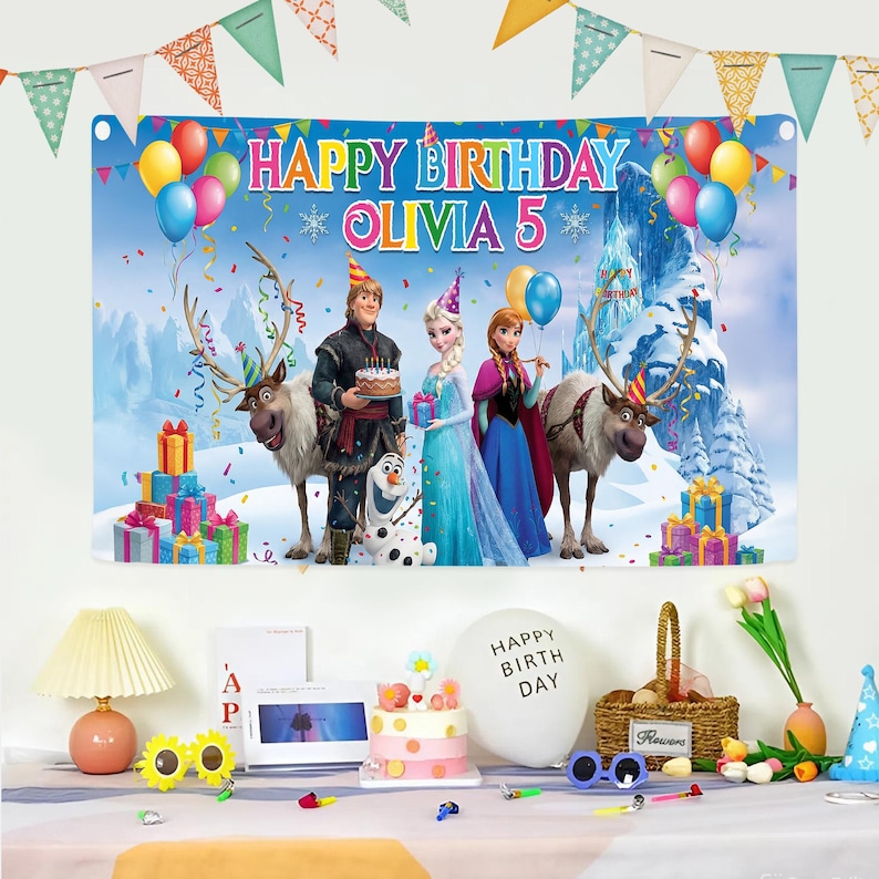Elsa Anna Birthday Party Banner, Elsa Birthday Backdrop, Frozen Party Decoration, Frozen Birthday Banner, Kids Birthday Decor afbeelding 1