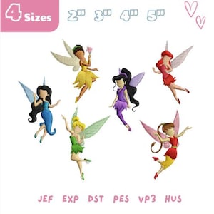 May include: A digital embroidery design set featuring six distinct fairy figures in various poses and colours, including blue, yellow, purple, red, green, and orange outfits. The text 4 Sizes, 2, 3, 4, 5, and file formats JEF, EXP, DST, PES, VP3, HUS are visible.