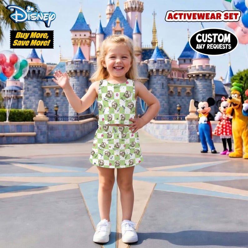 May include: A young girl wearing a green and white checkered activewear set with a sloth pattern. The outfit includes a sleeveless top and a skirt. The image also features the Disney logo and the text "Buy More, Save More!"