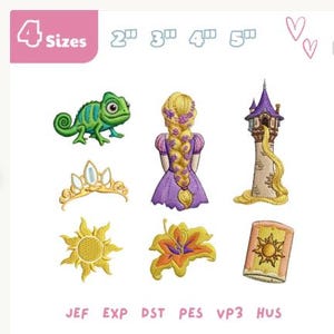 May include: A digital embroidery design set featuring six icons: a green chameleon, a figure with a long blonde braid in a purple dress, a tall stone tower, a gold tiara, a yellow sun emblem, a yellow flower, and a lantern with a sun graphic. Text includes 4 Sizes, 2, 3, 4, 5, JEF, EXP, DST, PES, VP3, HUS.