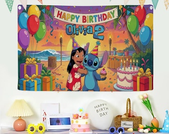 Custom   Stitch Birthday Banner Backdrop, Backdrop Decoration, Party Cartoon Decor, Lilo Gift