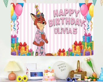 Zootopia Birthday Backdrop, Custom Name Judy Hopps An Nick Wilde Banner, Zootopia Banner Gift for Birthday Boy Girl