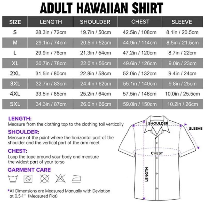 Op de afbeelding: Maattabel voor een Hawaiiaans overhemd voor volwassenen, met afmetingen in inches en centimeters. Bevat lengte, schouder, borst en mouw afmetingen voor maten S t/m 5XL. Toont ook wasvoorschriften en meetrichtlijnen.