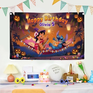 May include: A birthday banner featuring Lilo and Stitch in a Halloween-themed scene. The banner reads "Happy Birthday Olivia 5" and includes pumpkins, bats, and a hammock. The scene is set against a sunset backdrop.