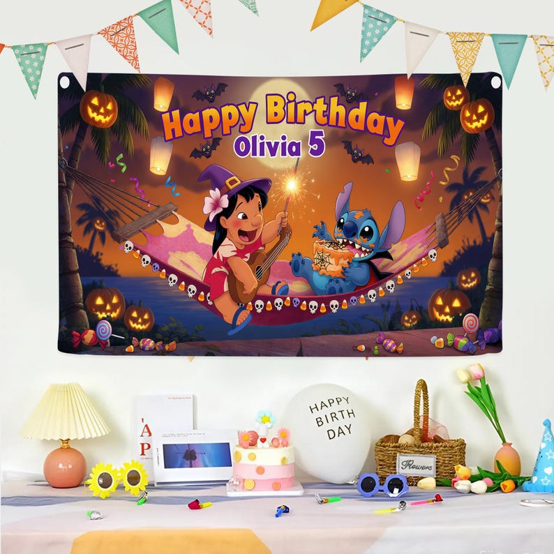 May include: A birthday banner featuring Lilo and Stitch in a Halloween-themed scene. The banner reads "Happy Birthday Olivia 5" and includes pumpkins, bats, and a hammock. The scene is set against a sunset backdrop.