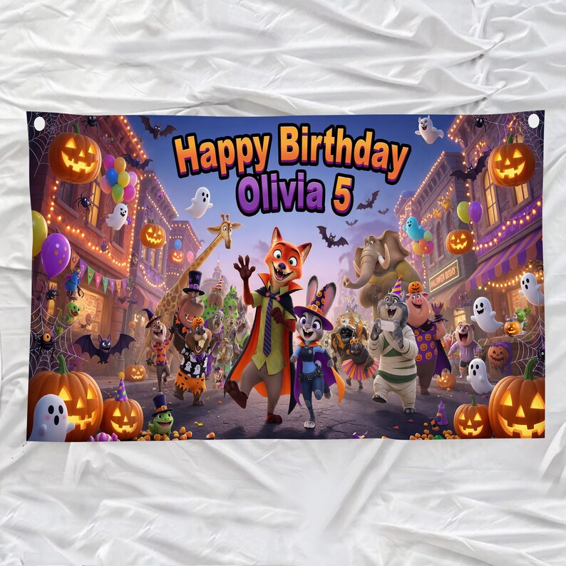 May include: A rectangular birthday banner featuring a Zootopia-themed Halloween scene with characters in costumes, pumpkins, ghosts, and bats. The text reads Happy Birthday Olivia 5 in large, colorful letters against a dark, festive city street background.