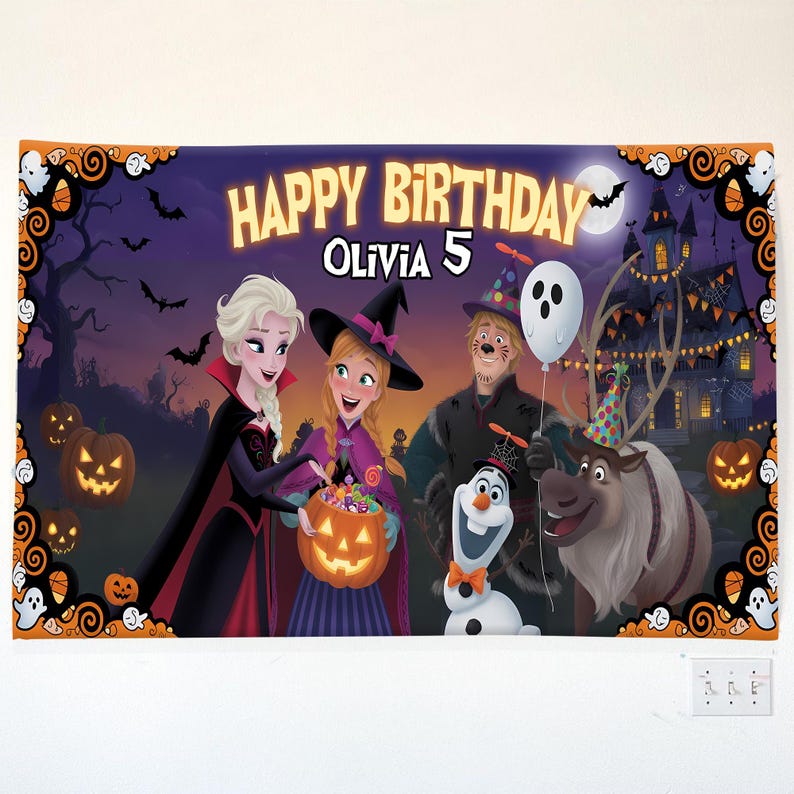 May include: A Halloween-themed birthday banner featuring characters from Frozen. The banner reads "Happy Birthday Olivia 5" with illustrations of Elsa, Anna, Olaf, Kristoff, and Sven in Halloween costumes. The background includes a haunted house, pumpkins, and bats.
