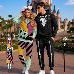 May include: A matching set of two hoodies and two pairs of sweatpants featuring character-inspired designs. One outfit displays a patchwork pattern of yellow, pink, and light green, while the other is black with white pinstripes and a skeleton print.