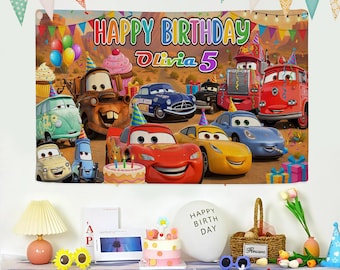Fondo de cumpleaños personalizado de Cars McQueen: pancarta de fiesta personalizada