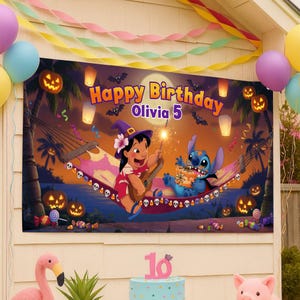 May include: A colorful birthday banner with the text "Happy Birthday Olivia 5" features cartoon characters Lilo and Stitch. The banner is decorated with jack-o'-lanterns, bats, and floating lanterns. Balloons and streamers add to the festive atmosphere.