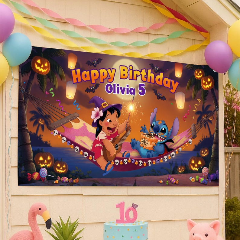 May include: A colorful birthday banner with the text "Happy Birthday Olivia 5" features cartoon characters Lilo and Stitch. The banner is decorated with jack-o'-lanterns, bats, and floating lanterns. Balloons and streamers add to the festive atmosphere.