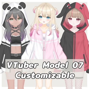 Puede incluir: Tres personajes de estilo anime que visten sudaderas con capucha personalizables. Las sudaderas son negras, blancas y rosas, con diseños de panda, conejito y lisos. La imagen incluye el texto "VTuber Model 07 Customizable".