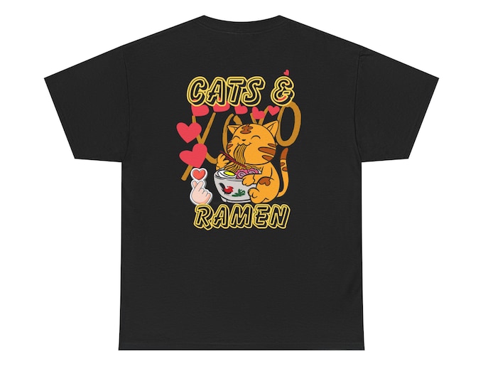 Featured listing image: Cat Eating Ramen Unisex Heavy Cotton Tee, Cat Lover Gift, Unique Shirt, Gift for Cat Lovers, Cute Cat Apparel, Ramen Shirt, Black Cat Shirt,