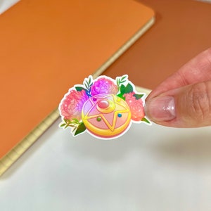 HOLO Sailor locket die cut sticker - stars moon and peonies flowers