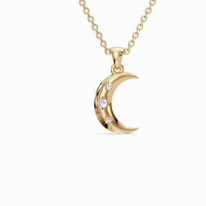 14k Gold Diamond Crescent Necklace, Diamond Moon Necklace, Solid Gold Celestial Necklace, Dainty Diamond Necklace, Perfect Gift For Her
