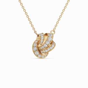 Collar de nudo de diamantes en oro de 14 quilates, colgante de círculo entrelazado, delicada cadena de oro, colgante de nudo de amor, regalo de aniversario para ella.