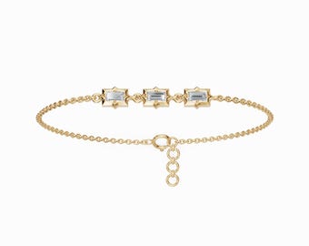 Diamantarmband im Smaragdschliff, Zierliches Diamantarmband, 14K Gold Diamant Armband, Minimalistisches Kettenarmband, Schichtarmband