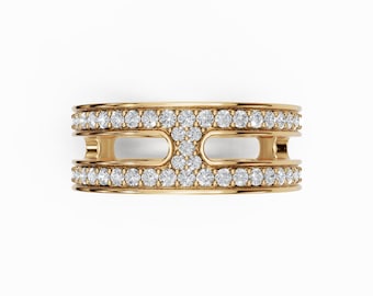 14K bred vigselring med diamanter, vigselring med pavefattad diamant, uttalandering, rund cocktailring med diamanter, present till henne