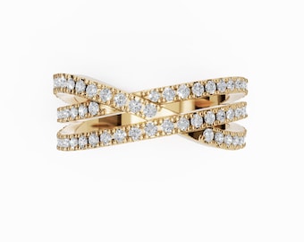 Anillo de oro de 14 quilates con diamantes entrecruzados, anillo cruzado, anillo llamativo, anillo de diamantes pavé, alianza de boda delicada