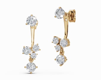14k Gold Diamond Ear Jacket Earrings, Cluster Diamond Stud Drops, Minimalist Dangle Earrings, Gift for Her