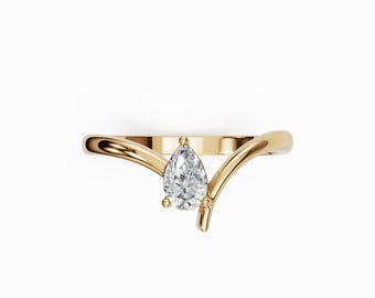 Curved Wedding Ring, Pear Shaped Diamond Ring, Minimalist V Band, 14K Gold Solitaire Ring, Dainty Promise Ring