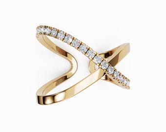 Anillo cruzado de diamantes en oro de 14 quilates, anillo entrecruzado, anillo minimalista en forma de X, anillo de diamantes pavé, anillo apilable delicado, regalo de aniversario