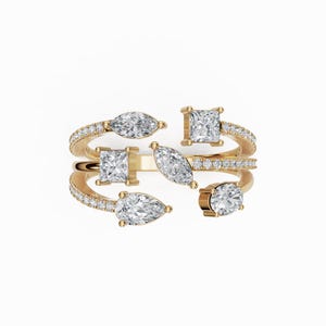 Anello con diamanti, anello con diamanti in oro 14 carati, anello aperto con diamanti multiforme, fascia importante, fede nuziale con diamanti