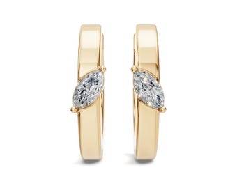 14K Gold Marquise Diamond Huggie Earrings, Minimalist Hoops