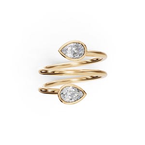 Ring met peervormige diamant in spiraalvorm, 14-karaats gouden ring met diamanten, open ring, statement ring, cadeau voor haar