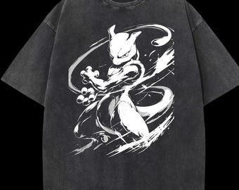 Psychic Graphic Streetwear Poke Tee, Black Acid Wash Oversized Anime Shirt, Unisex